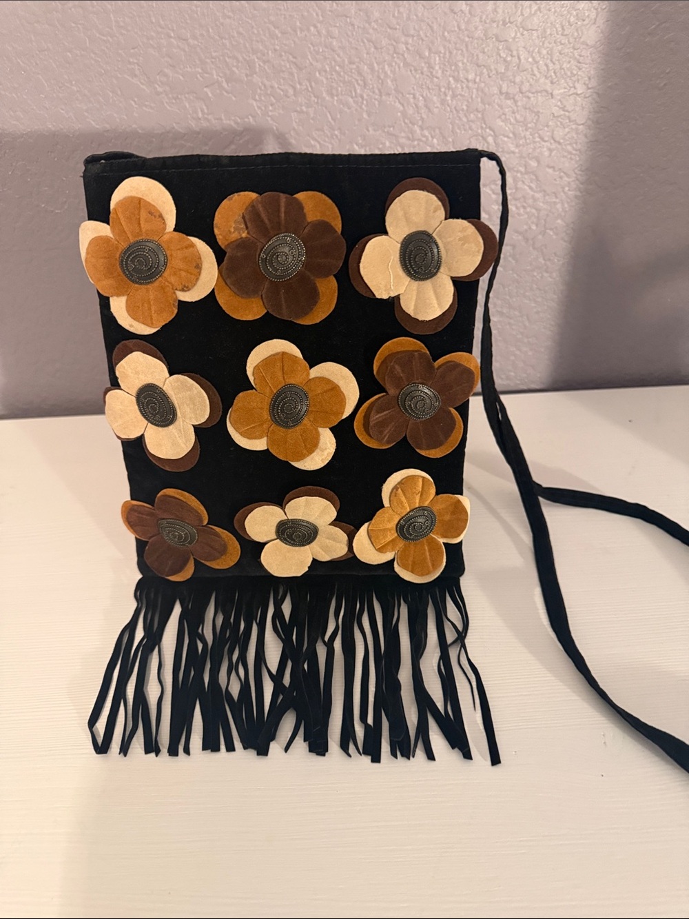 Black Floral Fringe Crossbody Bag with Brown and Cream Accents